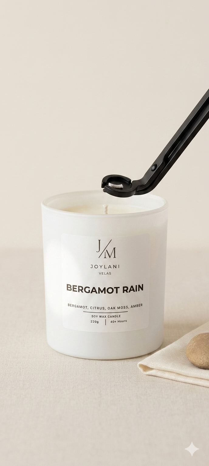 Schwarze Dochtschere kürzt den Docht einer Joylani Velas Bergamot Rain Sojawachs-Duftkerze im weißen Glas