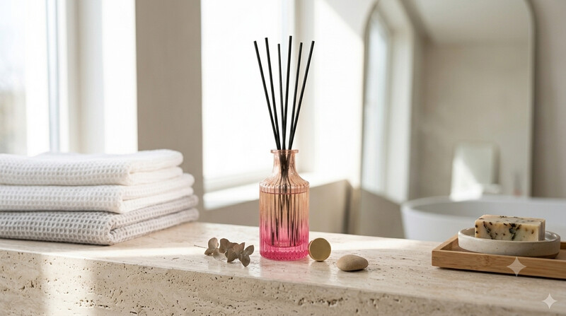 Helles Badezimmer mit einem Reed-Diffuser von Joylani Velas, Spa-Atmosphäre